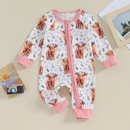 FOCUSNORM 0-12M Autumn Infant Baby Boys Girls Western Jumpsuits 3 Style Cow Head Floral Print Long Sleeve Zipper Romper