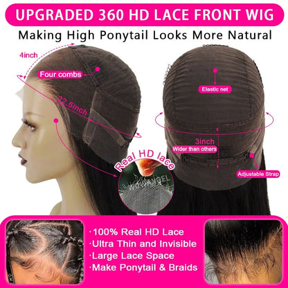 WowAngel 28in 360 HD Lace Front Wigs Straight Full Lace Human Hair Wigs Skins Melted Natural Scalp Remy Brazilian Hair For Women