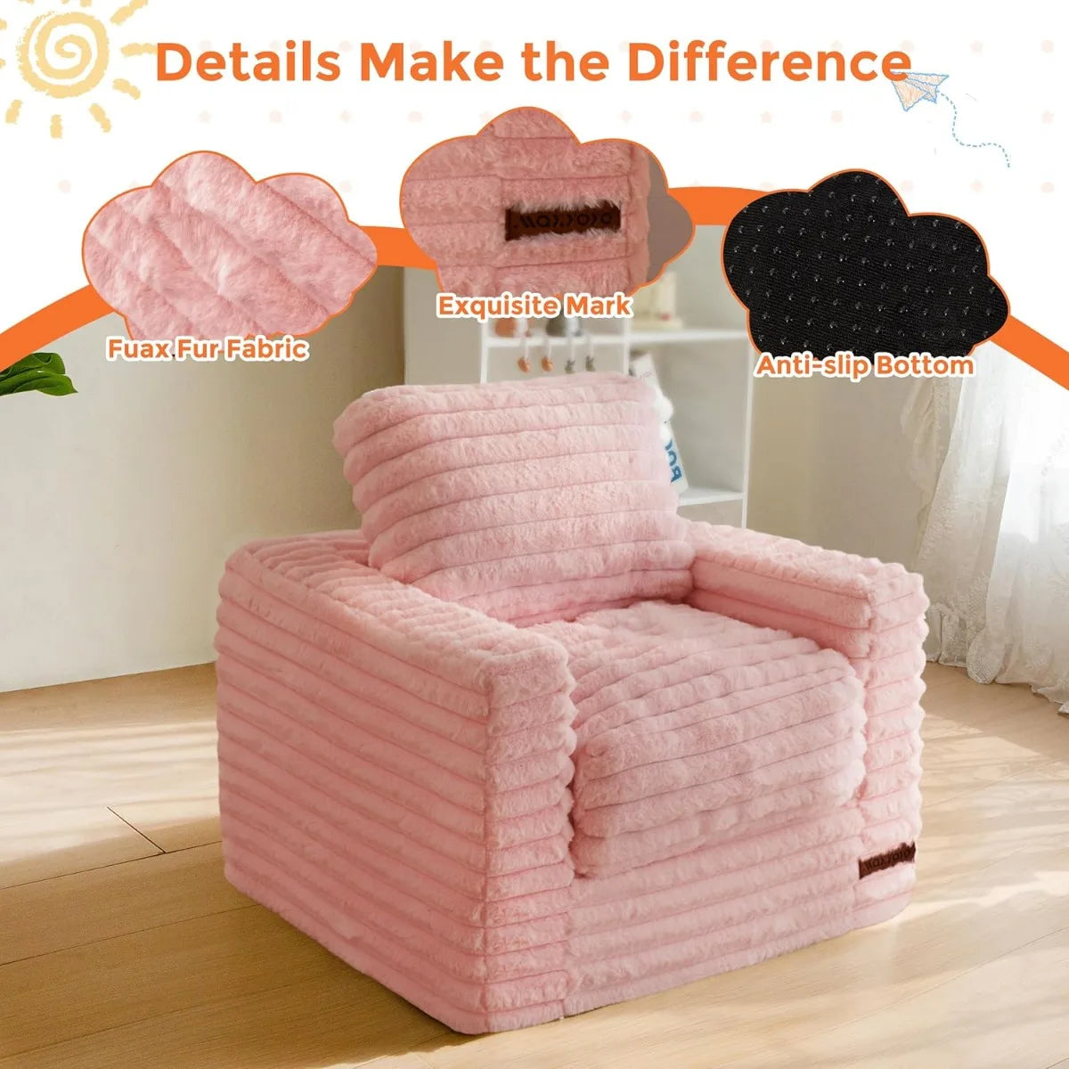 Kids Bean Bag Chair, Comfy Faux Fur Bean Bag Sofa with Filler, Upholstered Floor Sofa with Pillows and Armrests, Lazy Floor Chai