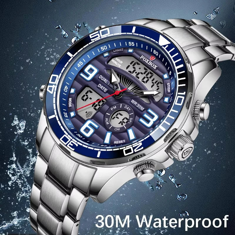 Luxury Man Watch LED Dual Display Luminous Calendar Week Mens Watch Waterproof Stainless Steel Chronograph Quartz Men Watches