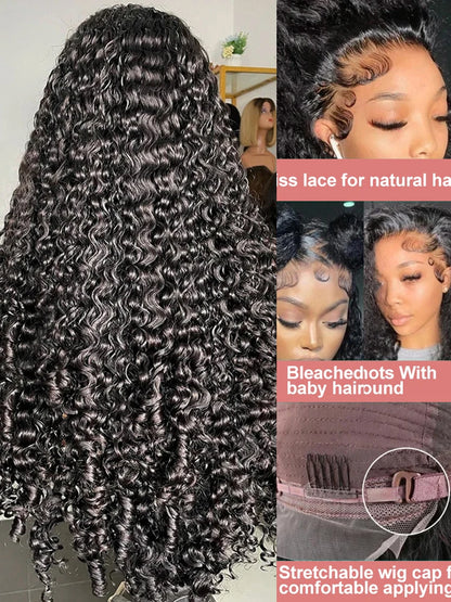 Deep Wave Glueless Wig Human Hair 40-Inch 13x6 Lace Front Wig 360 Full Lace Wigs For Women 250 Density Pre cut Kinky Curly Wigs