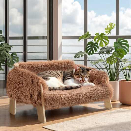 Large Cat Bed Sturdy Wooden Leg Raised Plush Cat Sofa Bed Kitten Bed for Indoor Cats - Soft Cat Couch - Merit Sell