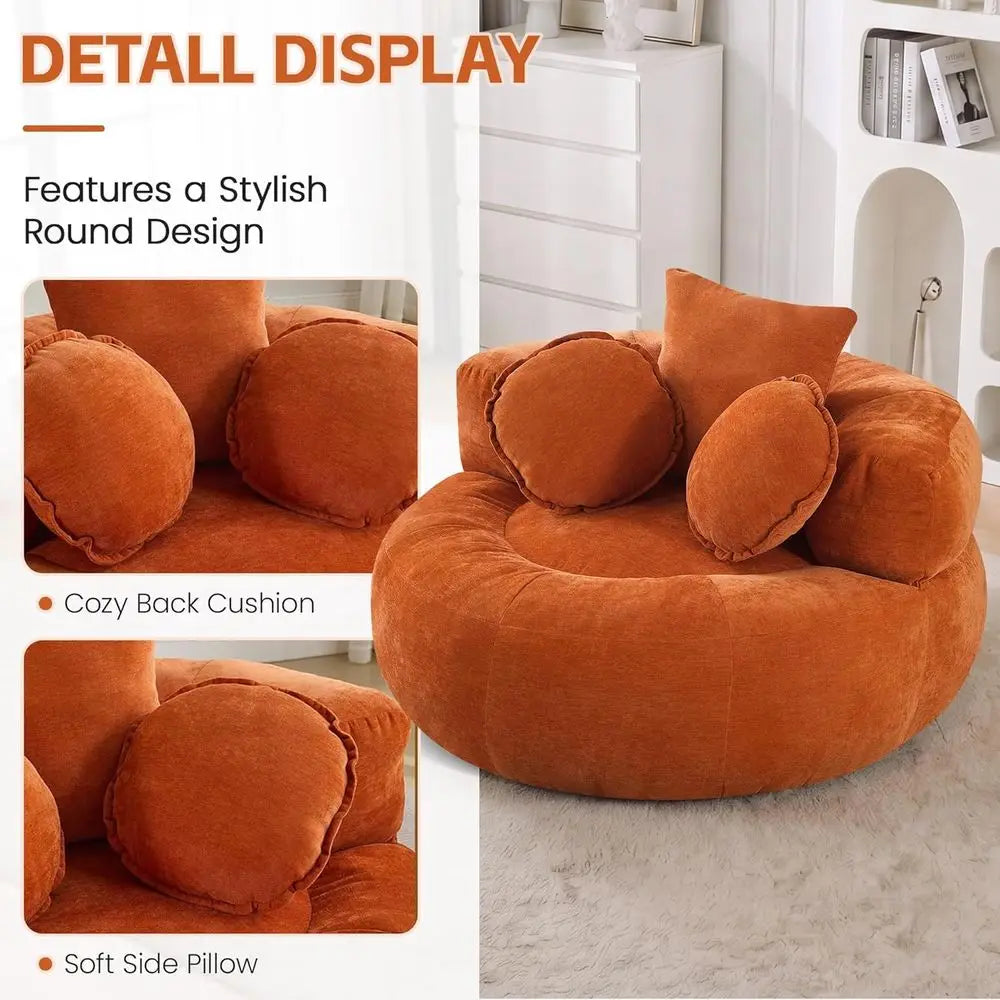 Oversized Round Sofa Chair in Orange Chenille, Deep Seated Cloud Couch, Bean Bag Accent Chair for Living and Bedroom