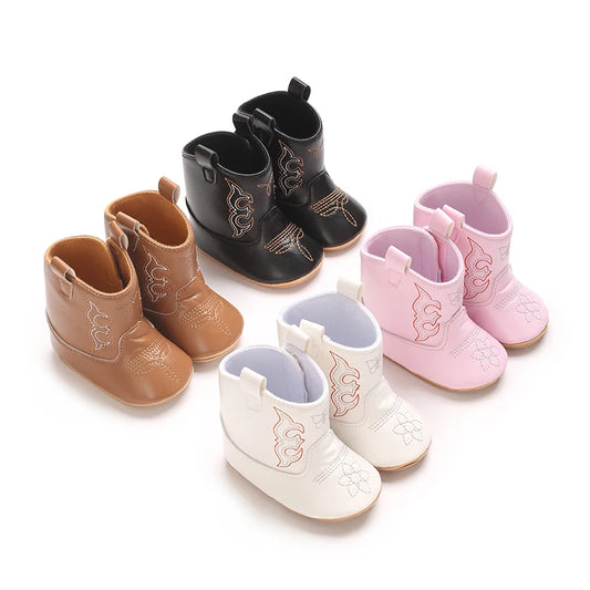 Leather Western Boots Cowboy Bootie Soft Sole Non-Slip Crib Shoes for Baby Infant Toddler Girls Boys Newborn