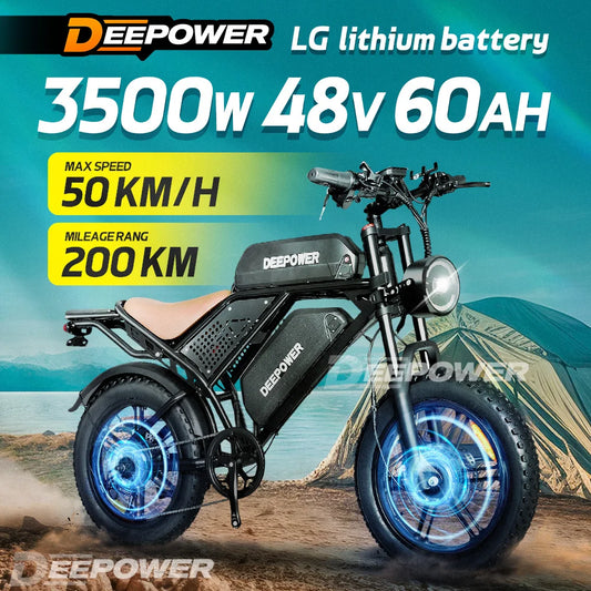 DEEPOWER S8 Electric Bicycle 1500W/2000W Dual Motor Electric Bike 60Ah Large Capacity Battery Ebike 20*4.0'' Fat Tire Men's Bike