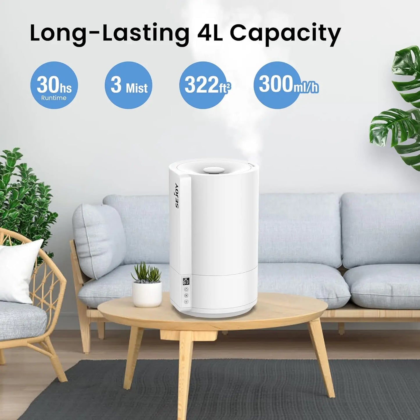 SEJOY Humidifiers for Bedroom Large Room Ultrasonic Air Humidifier for Baby Plant 4L Top Fill Smart Constant Humidity
