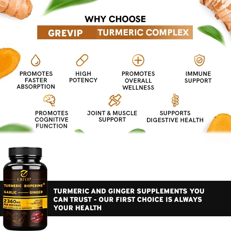 4-in-1 Turmeric Ginger Supplement - with Garlic Curcumin Black Pepper - Joints, Immune Support, Improves Digestion Supplement