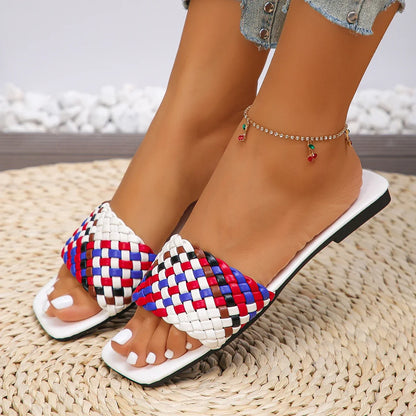 Women Slippers Summer Fashion Beach Mules Casual Indoor Home Slippers Selling Sexy Braided Square Toe Flat Sandals Slides Women