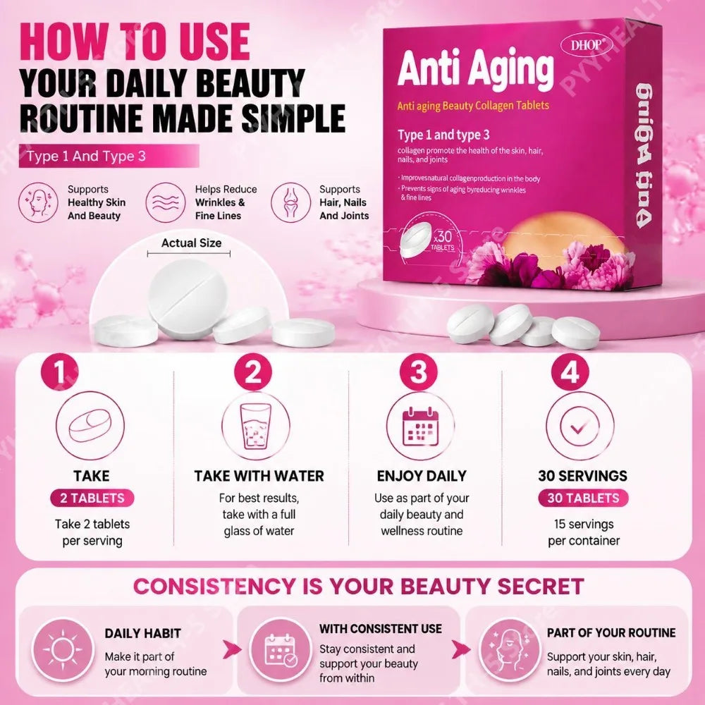 Collagen Tablets with Hyaluronic Acid Sodium Vitamins C and E Support Skin, Hair, Nails, and Joint Health 30 Tablets