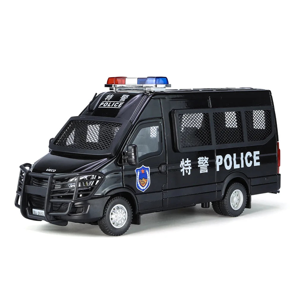 1:24 Scale IVECO Police Alloy Car Diecast Metal Model Sound & Light Pull Back Toy Interior Ornaments Children Toy Gifts Doiplay