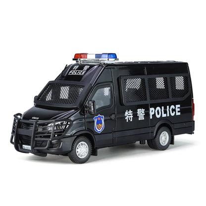 1:24 Scale IVECO Police Alloy Car Diecast Metal Model Sound & Light Pull Back Toy Interior Ornaments Children Toy Gifts Doiplay