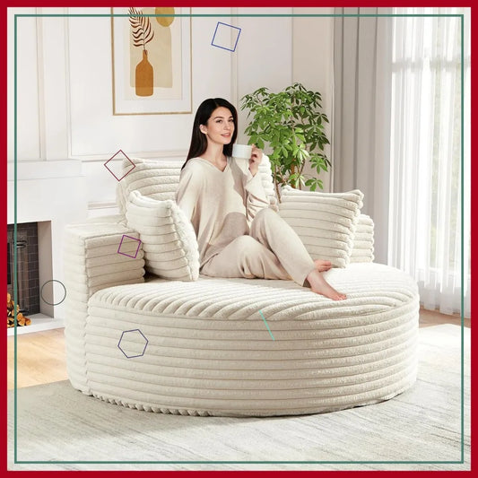 Oversized Round Chaise Lounge Chair Indoor, 55-inch Corduroy Deep Seat Cloud Floor Sofa for Living Room, Bedroom, Beige Merit Sell