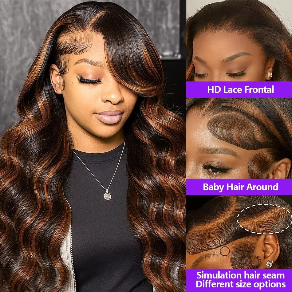 Balayage Brown Highlight 13x6 Hd Lace Frontal Wig Human Hair 30 Inch Pre Plucked Pre Cut Pre 220% Density 1b30 Human Hair Wigs