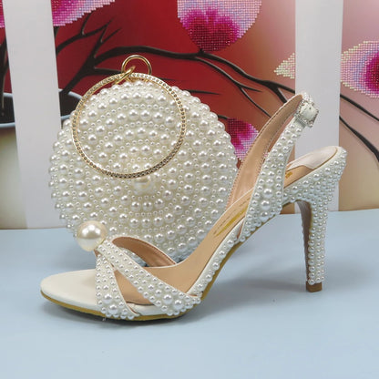 2024 New Arrival Customized White Female Sandals Bridal shoe bag set woman Thin Heel Big Pearl Girls fashion Sandals party Shoes