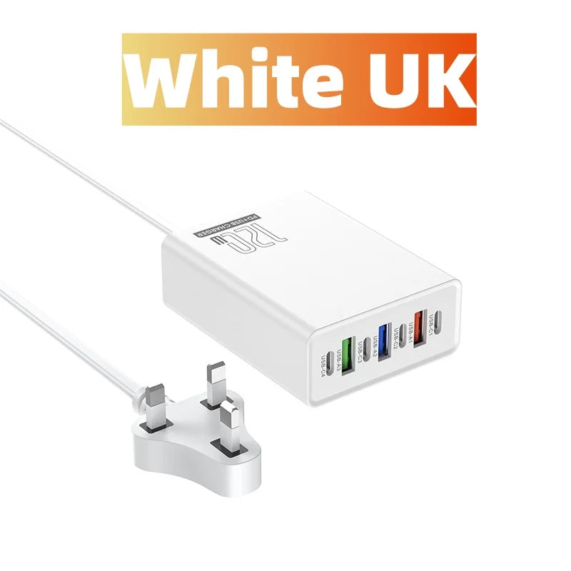 120W Charging Head 7 Ports 3USB+4PD Fast Charging Phone Charger Head 5V4A US/EU/UK Standard Charger for Mobile Phones