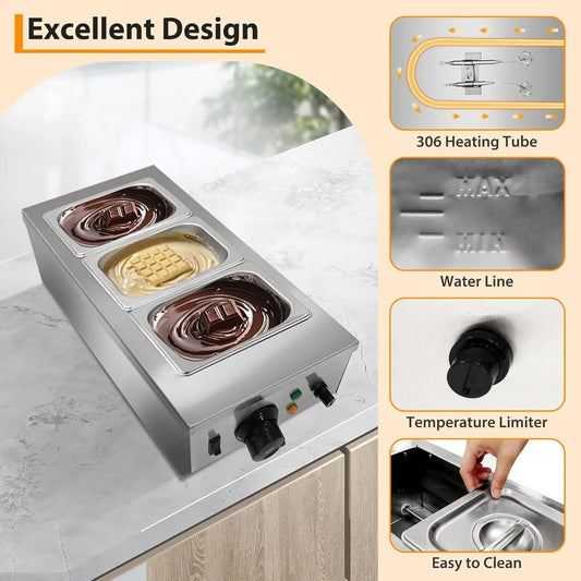 Chocolate Melting Machine, 2/3 Tanks Stainless Steel Chocolate Tempering Machine with Lid,Electric Commercial Food Warmer Merit Sell
