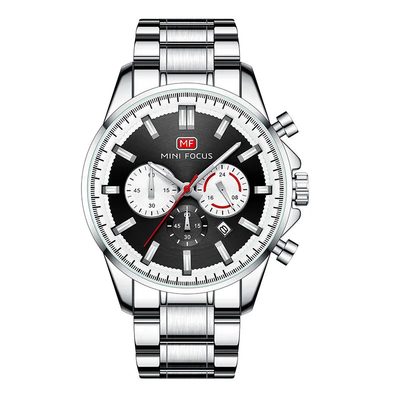 MINI FOCUS Chronograph Quartz Watch Men Silver Blue Waterproof Luminous Dress Wristwatch with Date Stainless Steel Strap 0469