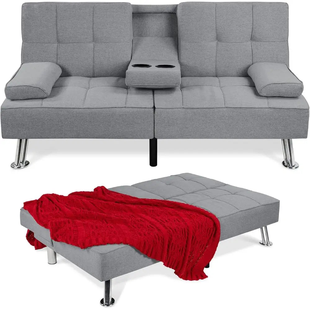 Reclining Sofa Bed with Removable Armrests and 2 Cupholders, Gray