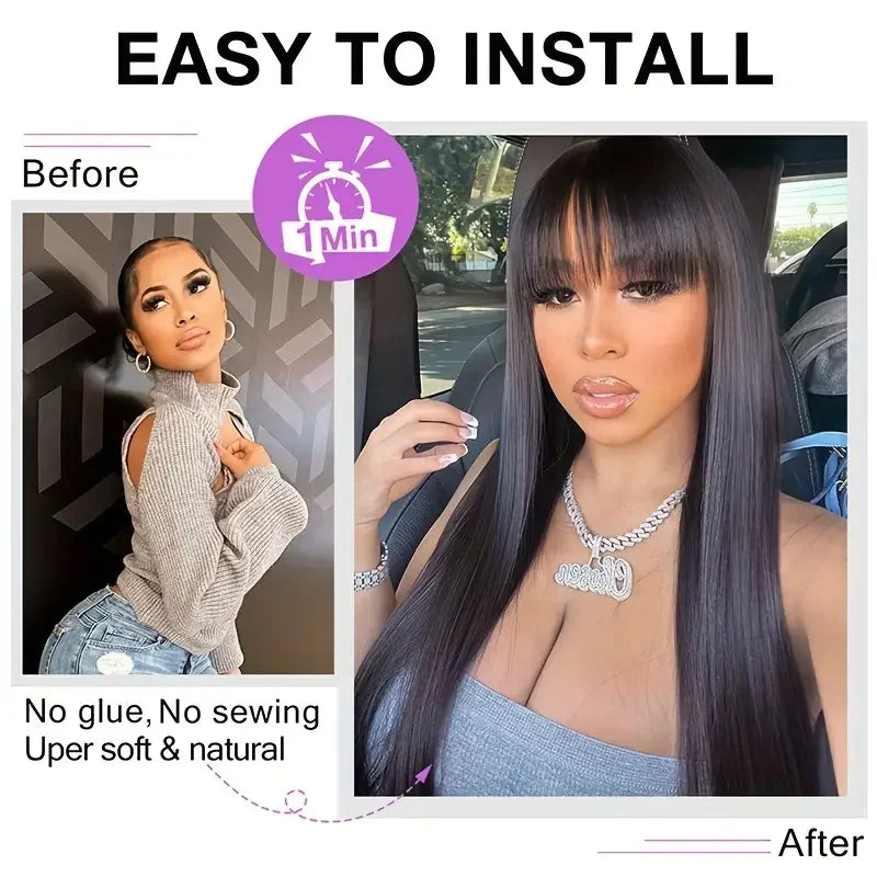 30 Inch Human Hair Wig With Bangs Straight Wigs 100% Brazilian Human Hair None Lace Frontal Wigs Glueless Wigs On Clearance Sale