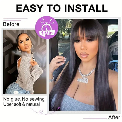 30 Inch Human Hair Wig With Bangs Straight Wigs 100% Brazilian Human Hair None Lace Frontal Wigs Glueless Wigs On Clearance Sale