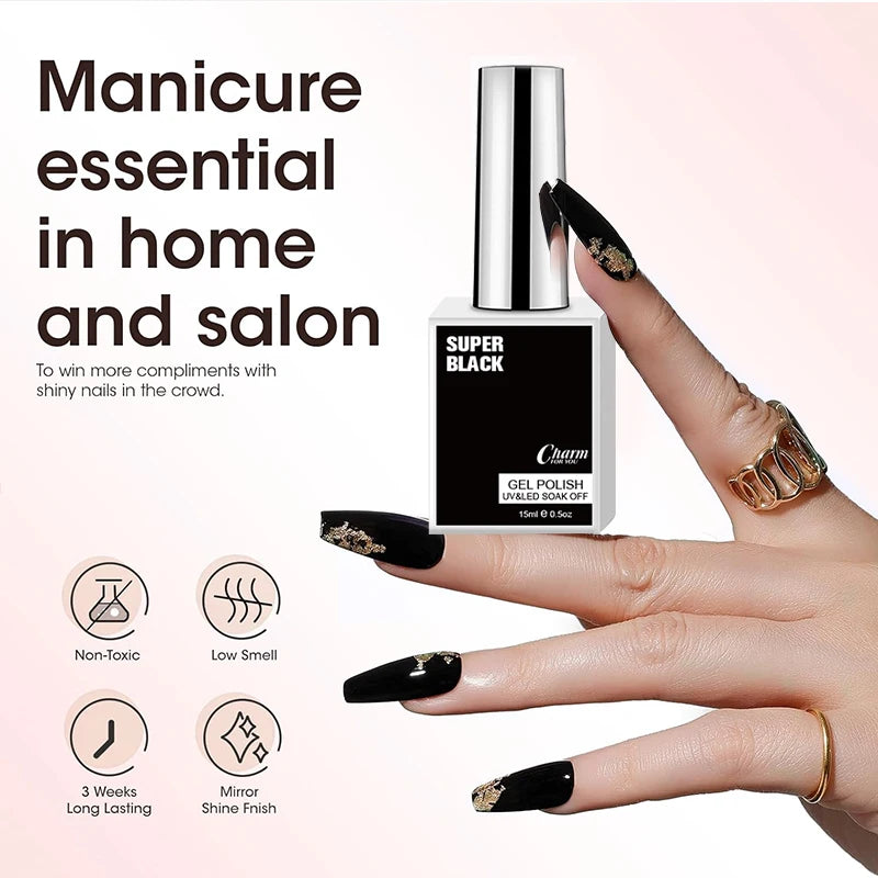 15ml Classic Gel Nail Polish, Vibrant Black, White Red Shades Varnish Easy Soak Off UV LED Nail Gel for Home Salon & DIY Nail Art
