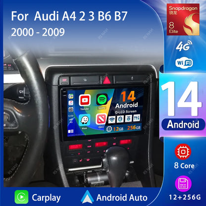 Android 14 Carplay Auto 2K Screen Car Radio Multimedia Player For Audi A4 2 3 B6 B7 S4 RS4 2000-2009 Autoradio Stereo Head Unit