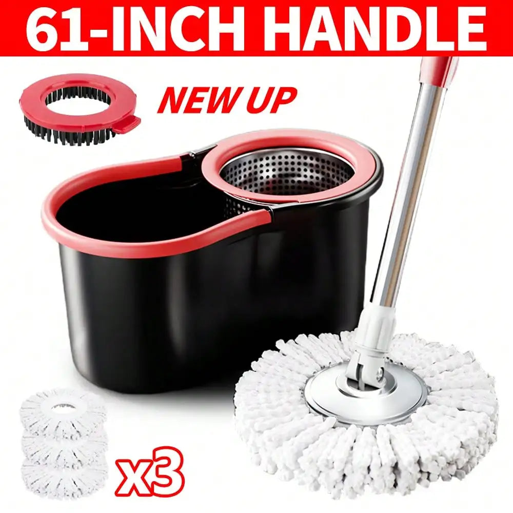 Mop And Bucket Set With 360° Rotatable Mop 3 Microfiber Heads 61-Inch Adjustable Handle Efficient Cleaning Supplies