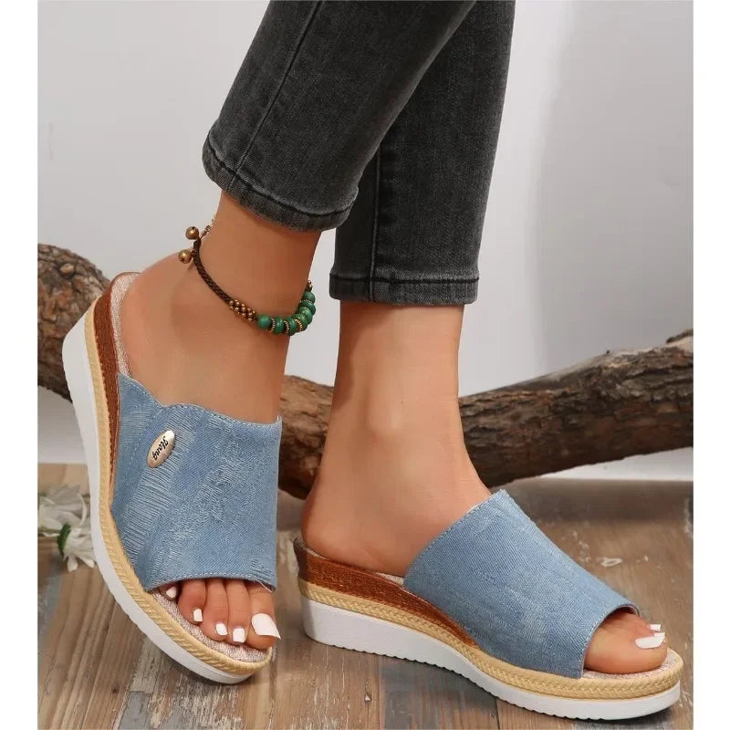 Women Slippers 2024 Summer New Fashion Elegant Cloth Shoes for Women Wedge Peep Toe Platform Slippers Ladies Zapatos De Mujer