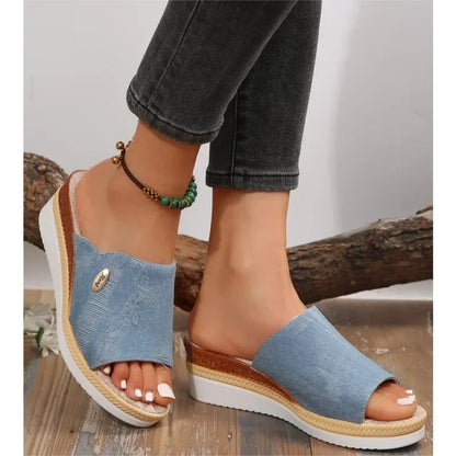 Women Slippers 2024 Summer New Fashion Elegant Cloth Shoes for Women Wedge Peep Toe Platform Slippers Ladies Zapatos De Mujer