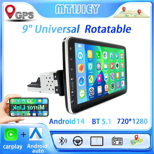 9'' Android14 1Din Car Radio Multimedia Video Player Head Unit Stereo Autoradio Carplay Android Auto WIFI BT GPS Navigation
