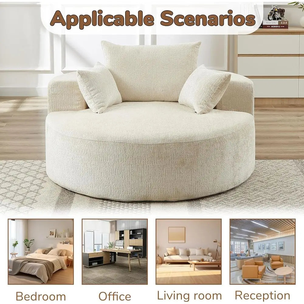 Oversized 55 Round Chenille Chaise Lounge Chair - Single Cloud Sofa, Sleeper for Living Room, Bedroom, and Projection Rooms, No