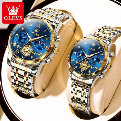 OLEVS Top Brand Couple Watches Stainless Steel Waterpoof Chronograph Moon Phase Flywheel Design Lover's Wristwatch for Men Women