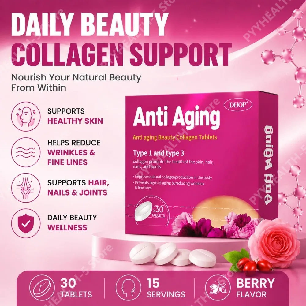 Collagen Tablets with Hyaluronic Acid Sodium Vitamins C and E Support Skin, Hair, Nails, and Joint Health 30 Tablets