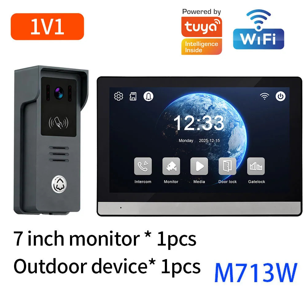 2-Wire Digital Video Intercom System 7 Inch Wireless WIFI APP Monitor 1080P Doorphone Camera Video Doorbell Card work with tuya
