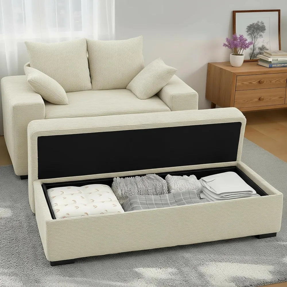 Oversized Chaise Lounge Chair with Storage Ottoman, 60" Corduroy Sofa with 4 Pillows, Wide Armrests for Living Room