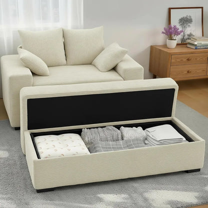 Oversized Chaise Lounge Chair with Storage Ottoman, 60" Corduroy Sofa with 4 Pillows, Wide Armrests for Living Room