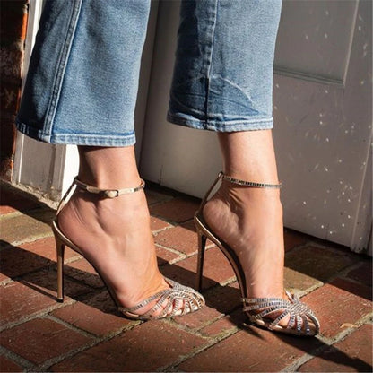 Designer Crystal Women Gladiator Sandals Ankle Strap High Heels Hollow Out Summer Dress Shoes Closed Toe Stiletto Ladies Pumps