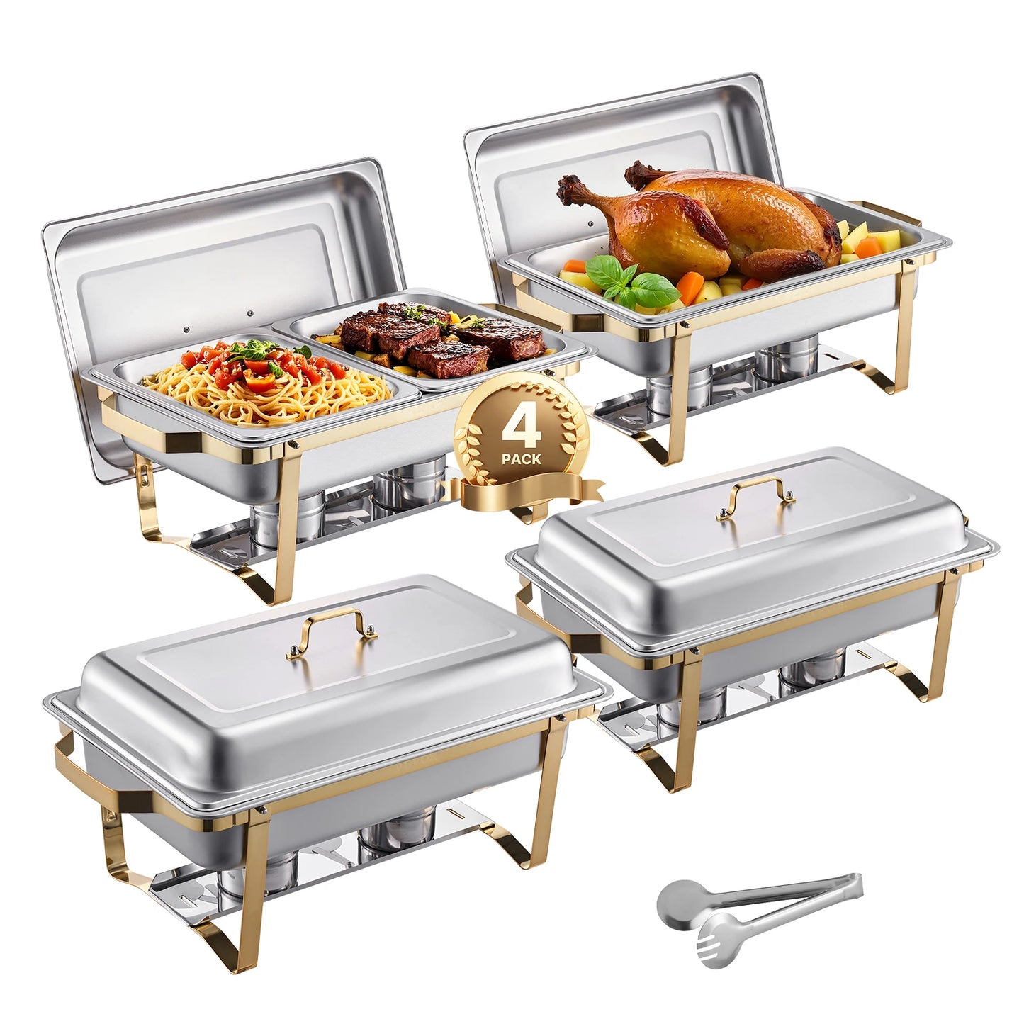 SucceBuy 8 Qt 4 Pack Chafing Dish Buffet Set Stainless Steel Chafer with 2 Full Size and 4 Half Size Pans Catering Warmer Server - Merit Sell