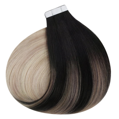 Ugeat Tape in Hair Extensions Balayage Natural Black to Ash Blonde Tape in Hair Extensions Platinum Blonde Tape in Hair for Wome