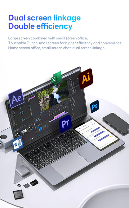 15.6"+7" Dual Screen Laptop Intel Celeron N100 32GB 16GB DDR4 RGB Backlit Keyboard Computer Notebook Laptops Touch Screen