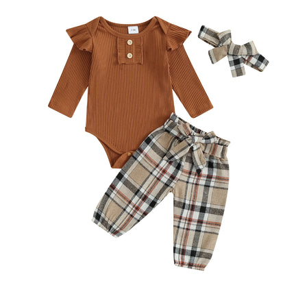 FOCUSNORM 3pcs Infant Baby Girls Fall Clothes Sets 0-18M Solid Color Buttons Long Sleeve Rompers Plaid Print Pants Headband