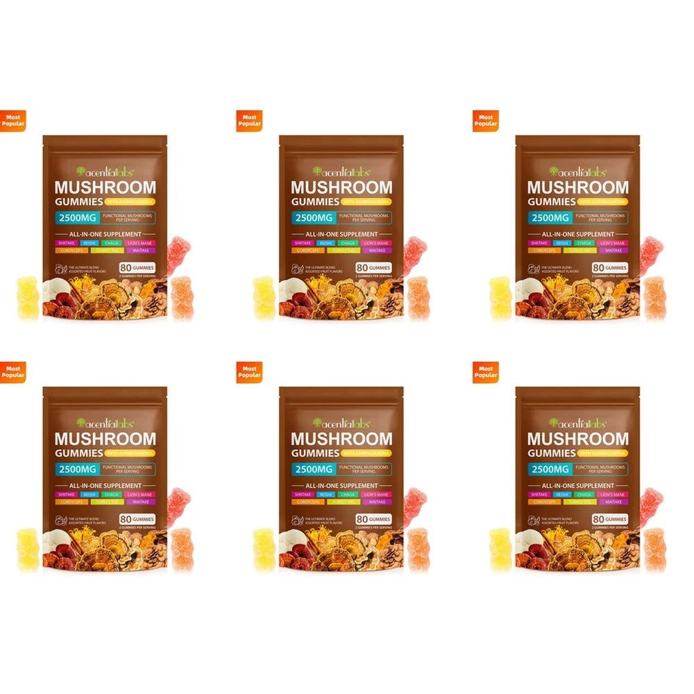 Mushroom Complex Gummies 2500mg Blend with Lion's Mane Reishi Chaga Cordyceps & Ashwagandha for Brain Focus Memory Clarity 80 Ct