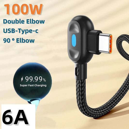 100W USB To Type C Fast Charging Cable 90° Double Elbow Bend Mobile Game Fast Charging Cable For Xiaomi Huawei With LED 0.25m/1m