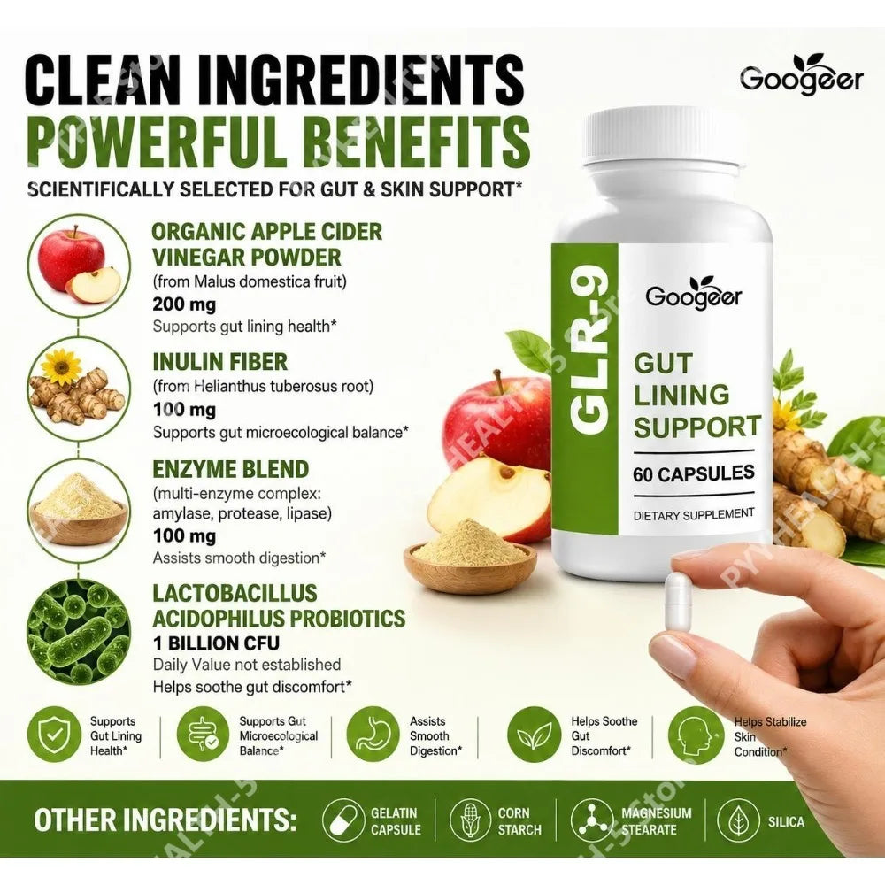 Googeer Gut Lining Support Capsules with Apple Cider Vinegar Powder, Inulin Fiber, Enzyme Blend and Probiotics 60 Capsules