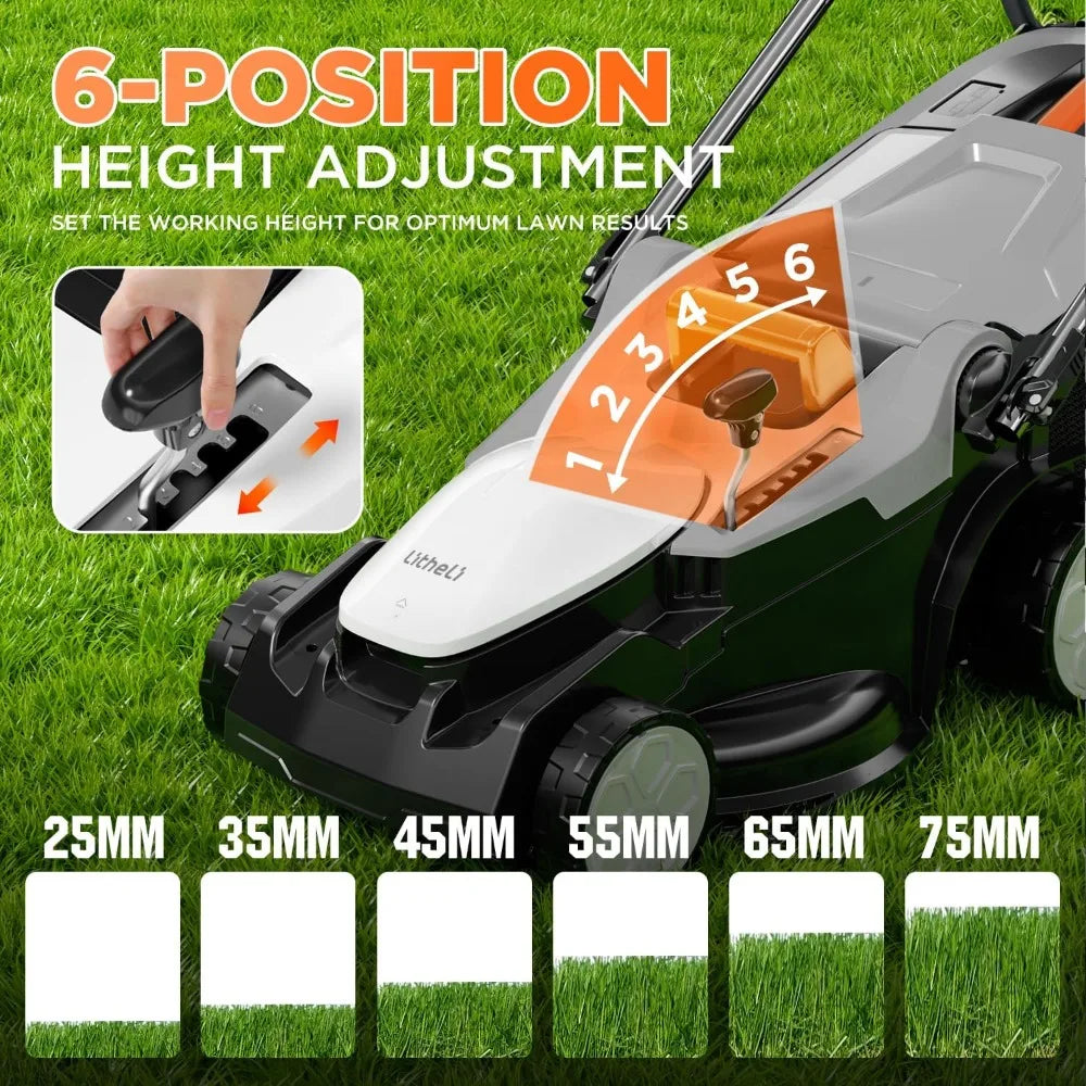Litheli 16 Inch Lawn Mower 2x20V Electric Coreless Lawn Mower Lightweight Push Mower with 6-Position Height Adjustment, 2 X 4.0A