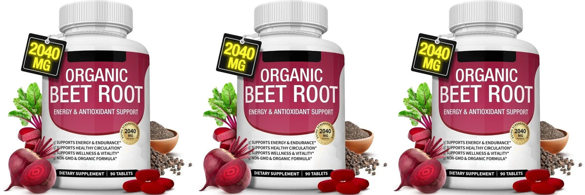 Organic Beet Root with Black Pepper Natural Energy Boost Immune Support Antioxidant Supplement Non-GMO Gluten Free 90 Tablets