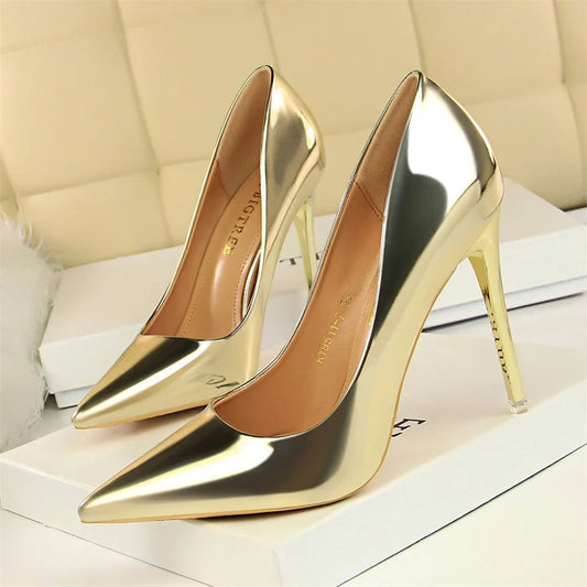 Fashion Metal Women Patent Leather Shallow Mouth Thin High Heel Shoes Elegant Comfort Pointed Toe Gold Silver Party Heel Pumps