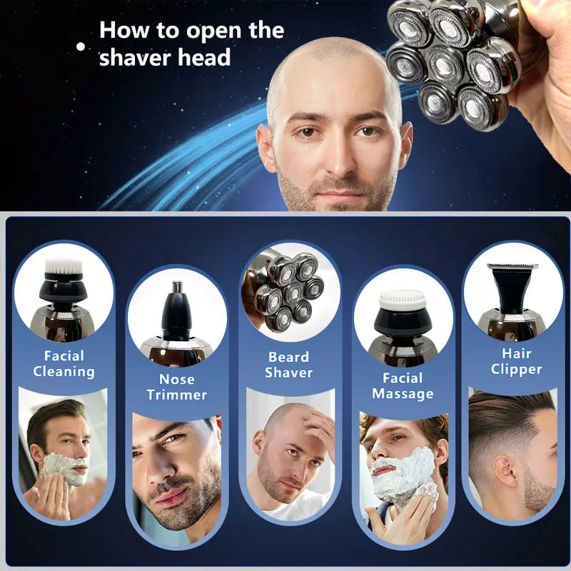 Men Grooming Kit Wet Dry Electric Shaver Beard Hair Trimmer Electric Razor Rechargeable Bald Head Shaving Machine LCD Display