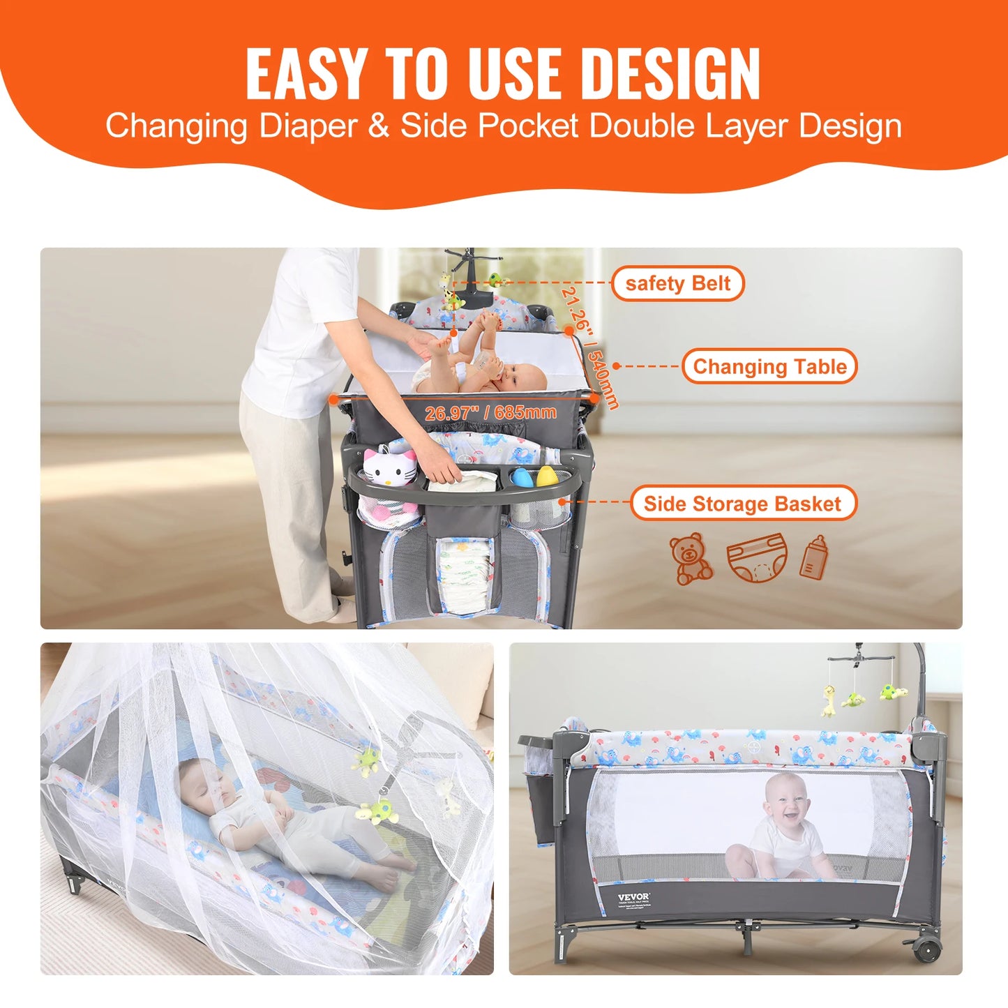 SucceBuy Baby Bassinet 77 pounds Load Capacity Easy to Fold Portable Bassinet Bedside Sleeper with Storage Basket and Wheels - Merit Sell