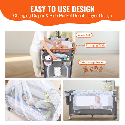 SucceBuy Baby Bassinet 77 pounds Load Capacity Easy to Fold Portable Bassinet Bedside Sleeper with Storage Basket and Wheels - Merit Sell